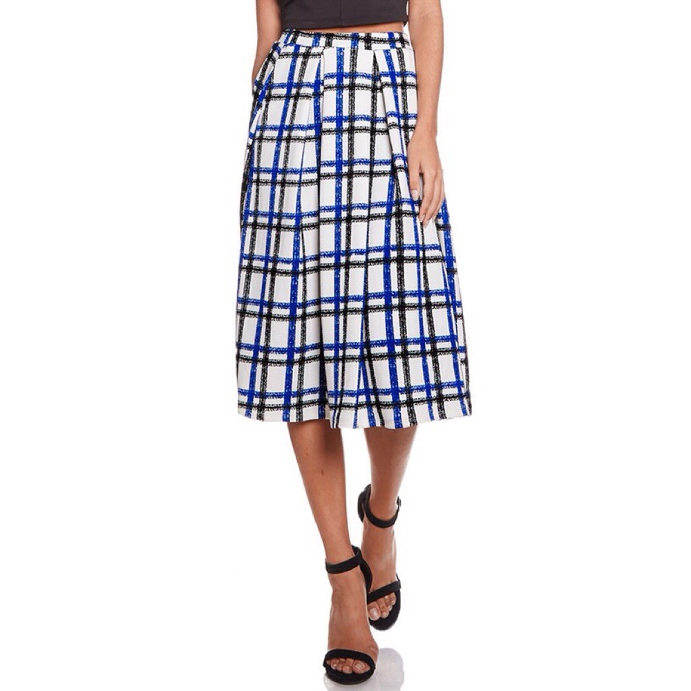 Blue and White Checked Midi Skirt with Black Accents